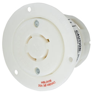 Hubbell HBL2436 Twist-Lock®, Industrial, Flanged Receptacle, 20A Phase Delta 480V AC, 3-Pole 4-Wire Grounding, L16-20R, Screw Terminal, White